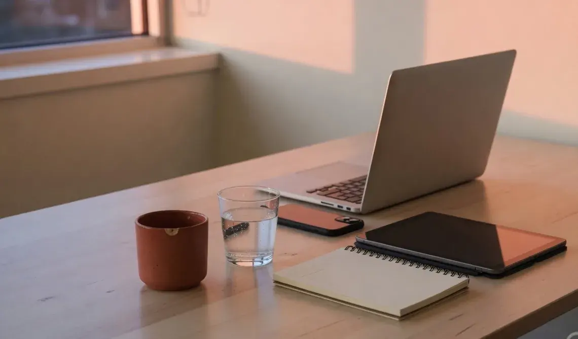 A laptop, phone and tablet on a timber desk in warm afternoon light